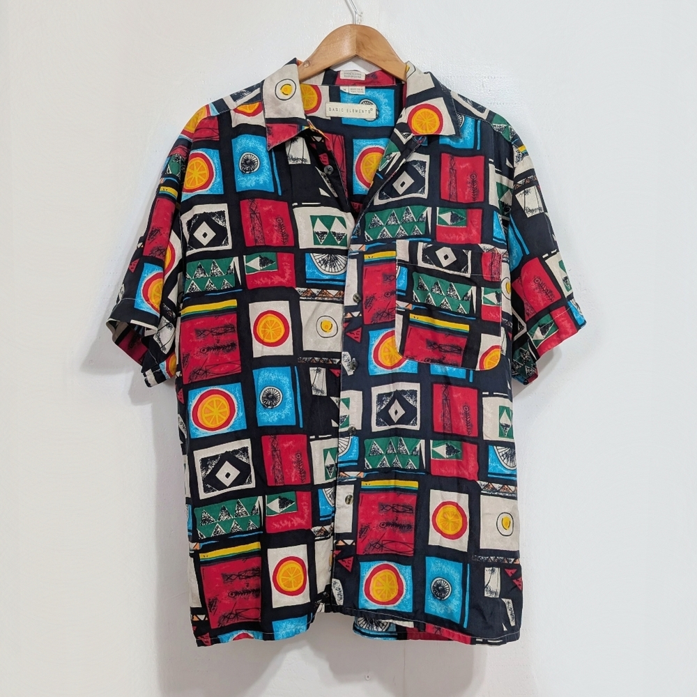 Basic Elements Silk Shirt Button Up Top Mens Fun … - image 1